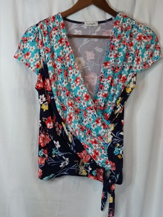 Loveappella Tops - Loveappella Aqua Navy Floral Wrap Blouse Shirt Medium Summer Patchwork Feminine
